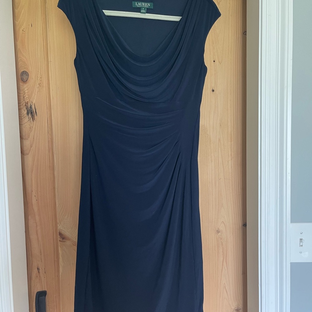Ralph Lauren Blue Ruched Cowl Neck Sheath Dress